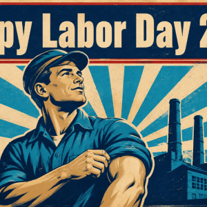 Happy Labor Day 2026 vintage poster of an American worker rolling up his sleeve with a factory and flag